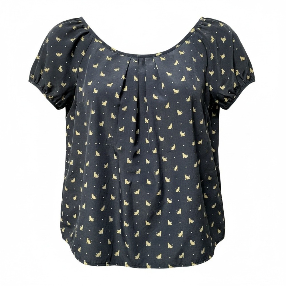 Old Navy Blouse Womens Small Blue Cat Print Bow Front Whimsigoth Retro Top
